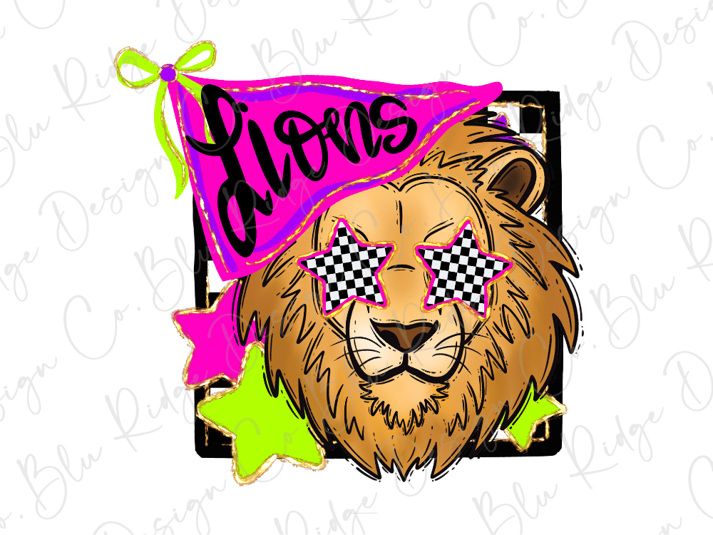 A cartoon illustration of a lion wearing sunglasses with checkered stars, accompanied by a pink flag with the word "Lions" written on it.