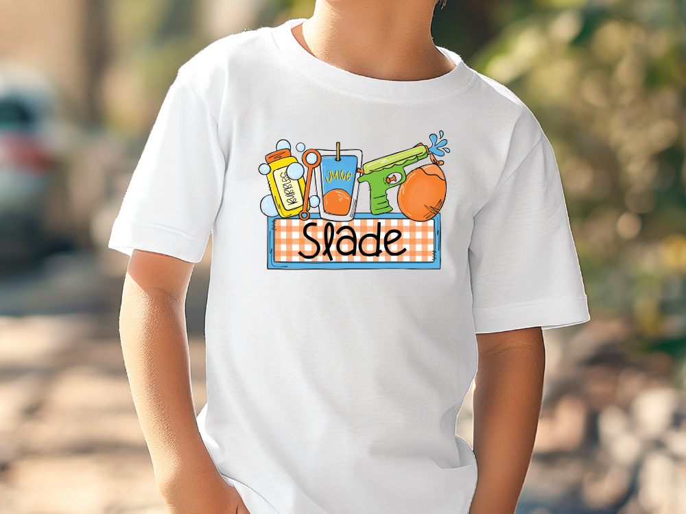 a young boy wearing a white tshirt with the word shade on it