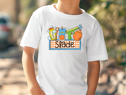 a young boy wearing a white tshirt with the word shade on it