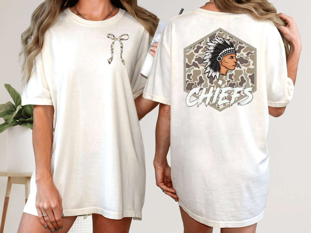 two different views of a white t-shirt with a graphic design on the back. The design features a Native American headdress and the word "CHIEFS" written below it.