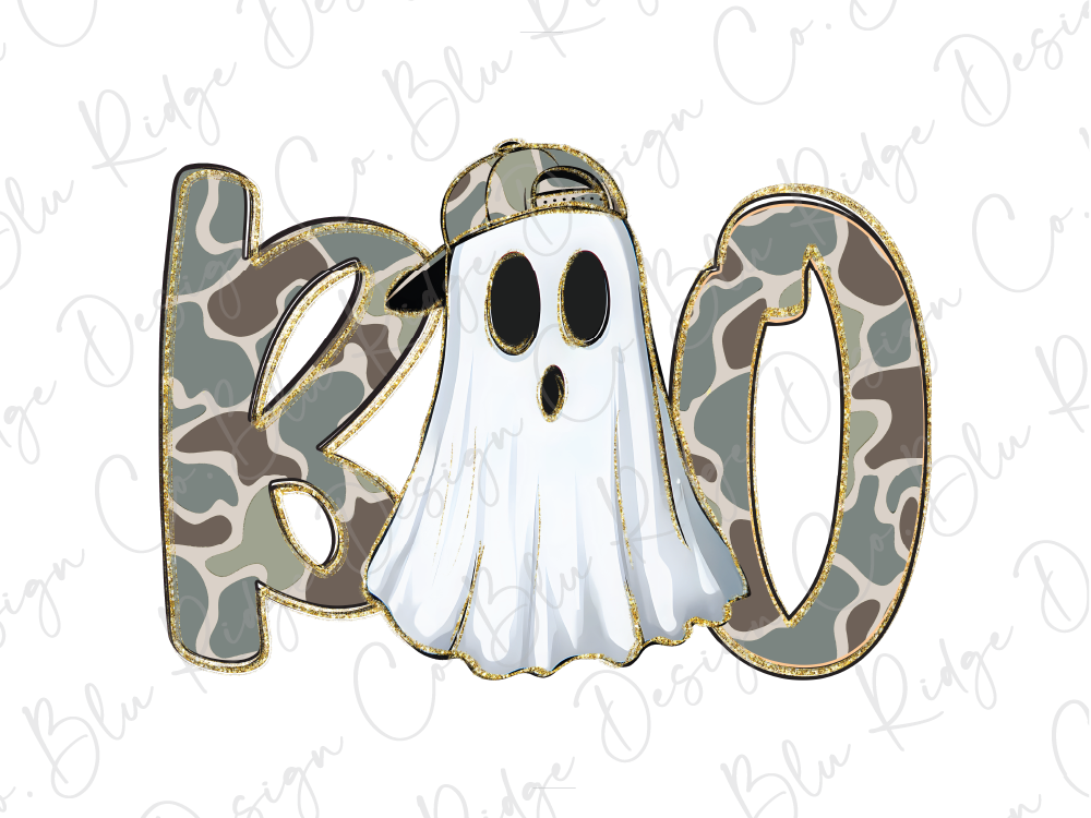 A ghost with a camouflage hat and the word "BOO" in camouflage letters.