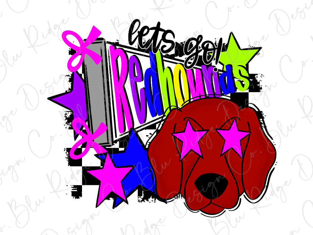 A colorful and stylized illustration featuring a red dog with star-shaped eyes, surrounded by various abstract shapes and text.