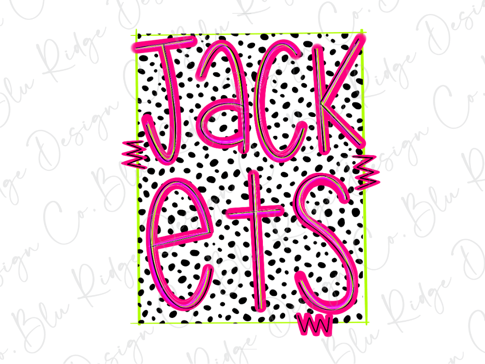 a bold and colorful design with the word "JACKETS" prominently displayed in pink and black text against a background of black and white polka dots.
