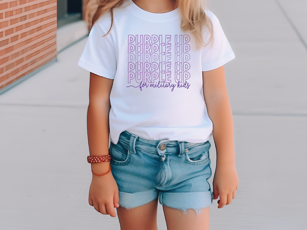a little girl wearing a t - shirt that says bubble lip, purple lip,