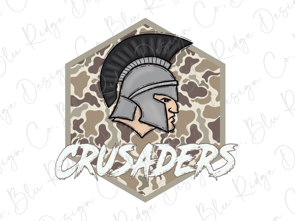 a helmet with a plume and the word "CRUSADERS" written below it.