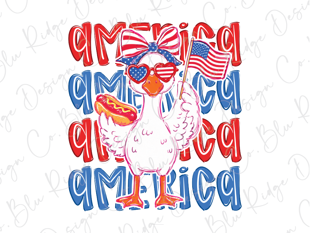 A cartoon duck wearing sunglasses and holding an American flag, surrounded by the text "America" in various colors.