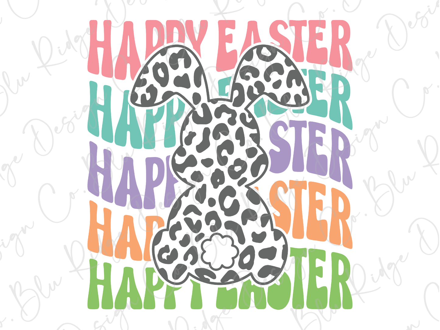 Happy Easter Wavy Stacked Leopard Bunny Graphic T-Shirt