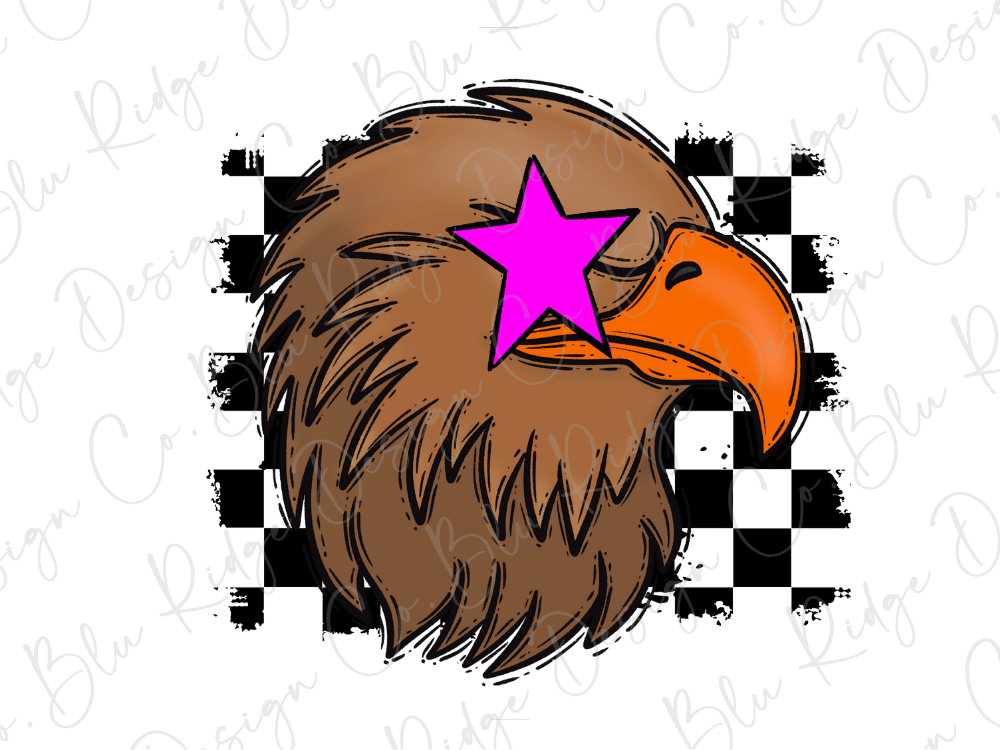 A stylized illustration of a brown eagle head with a pink star on its eye, set against a background of black and white checkered squares.