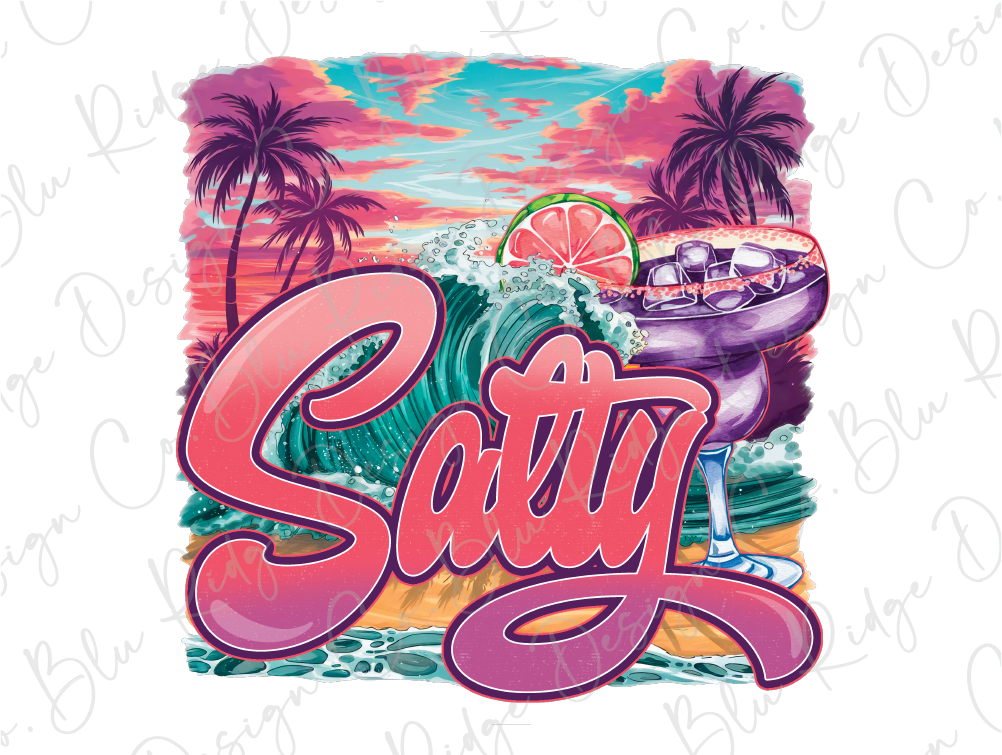 A colorful illustration featuring a large pink text "Salty" in the center, surrounded by tropical elements such as palm trees, a wave, and a cocktail glass.