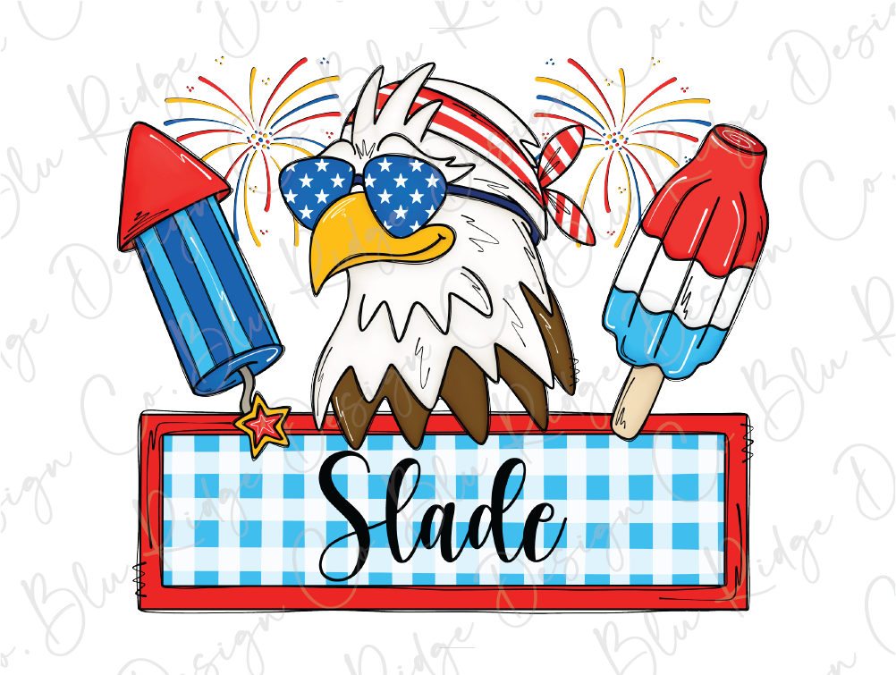 a patriotic eagle holding a pencil and an american flag