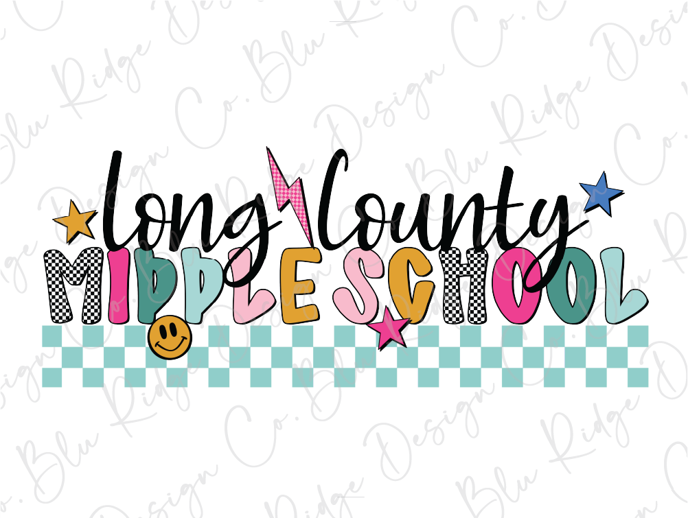 a colorful and playful design with the text "Long County Middle School" written in a stylized font. The text is surrounded by various decorative elements such as stars, smiley faces, and checkered patterns, creating a vibrant and energetic visual representation of the school.