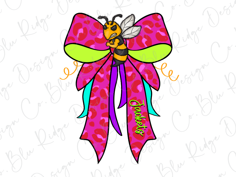 A colorful illustration of a bee with a large pink bow featuring a leopard print pattern.