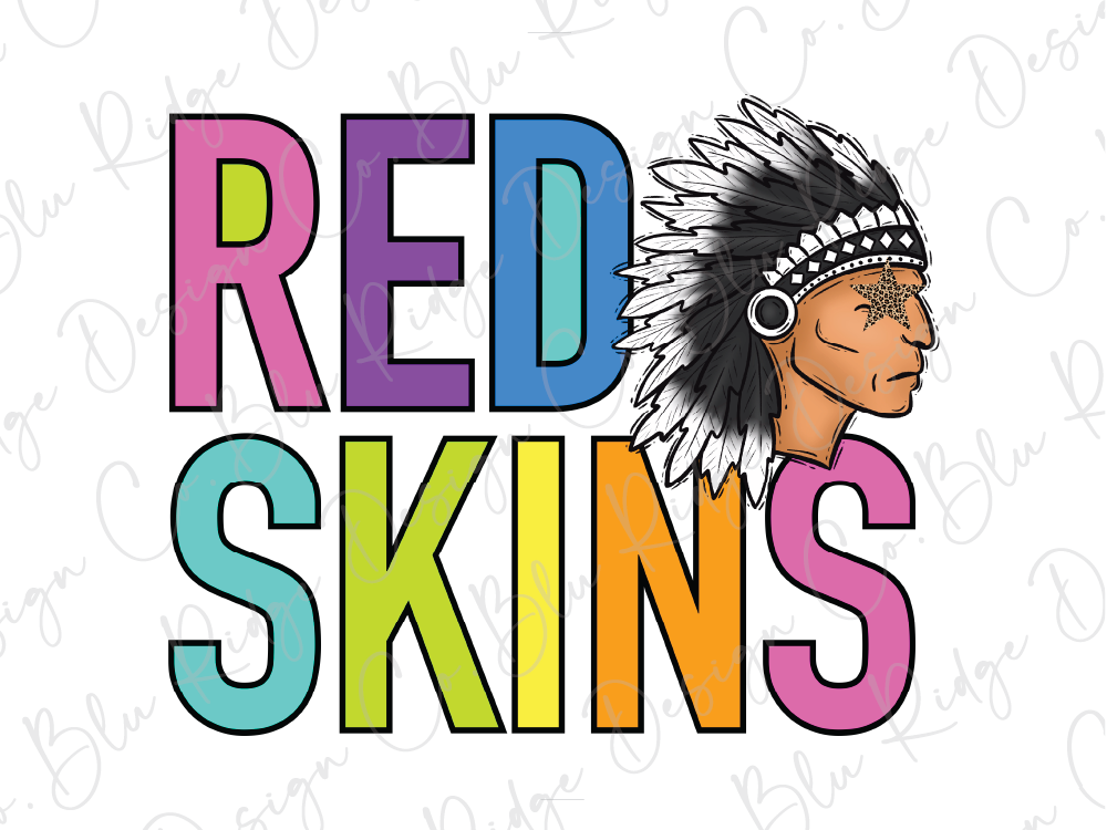 a colorful graphic design with the text "RED SKINS" prominently displayed.