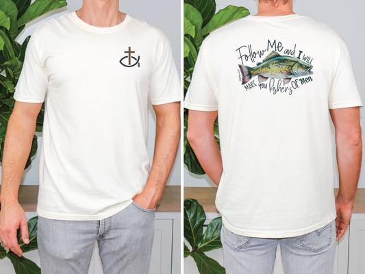 a man wearing a white shirt with a fish on it