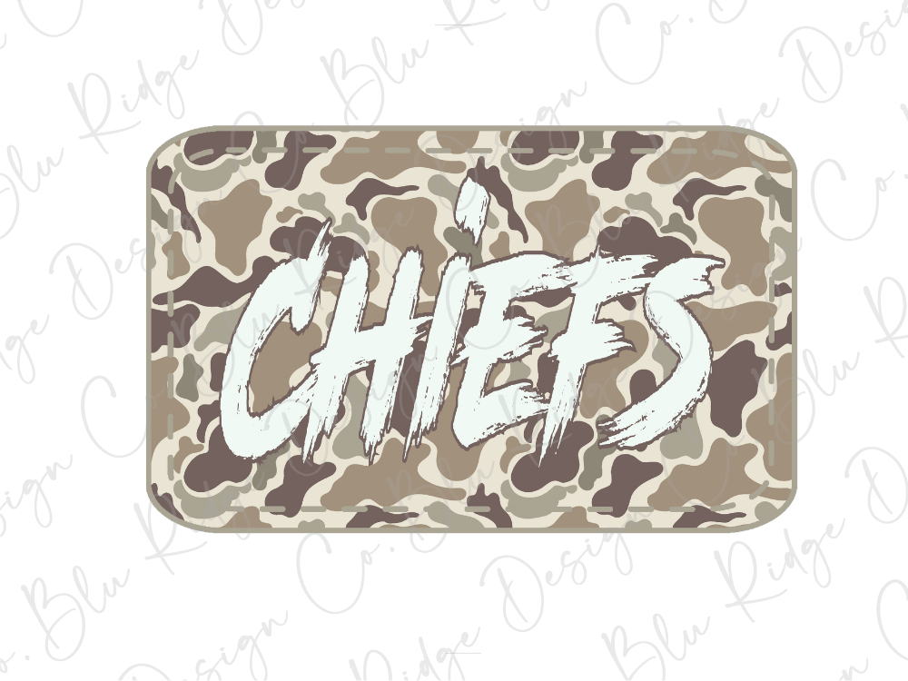 A camouflage-patterned rectangular shape with the word "CHIEFS" written in a bold, white font.