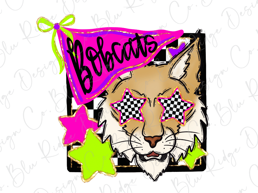 A cartoon image of a bobcat with large checkerboard eyes, surrounded by colorful stars and a pink banner with the word "Bobcats".