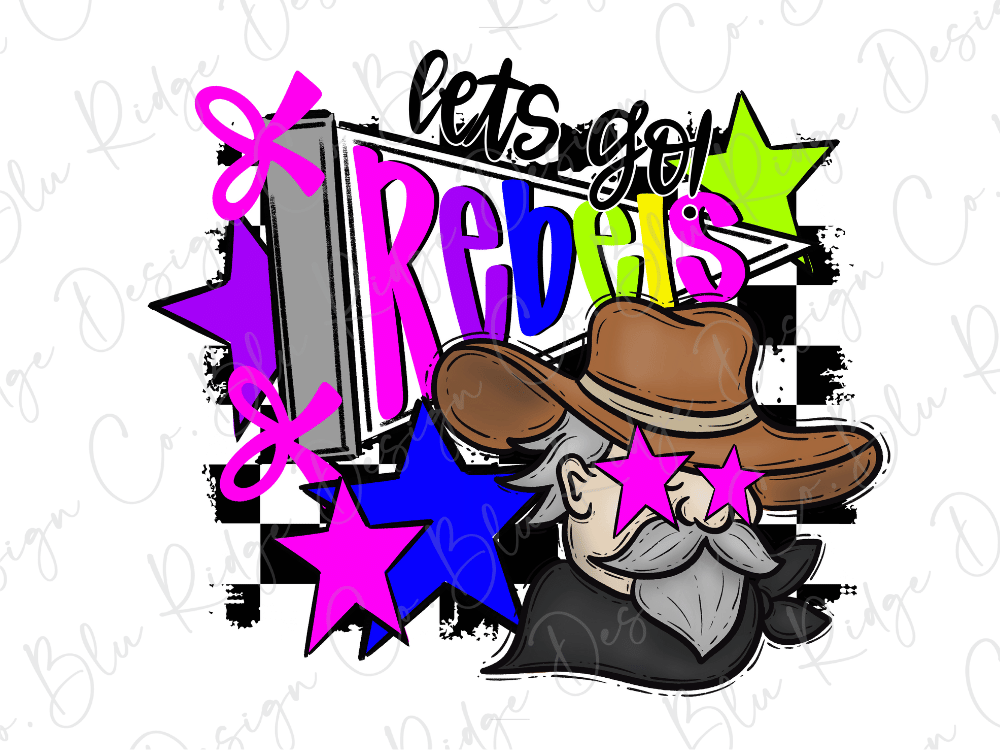 The image is a colorful and stylized graphic featuring a cowboy hat, stars, and the text "Let's go Rebels".