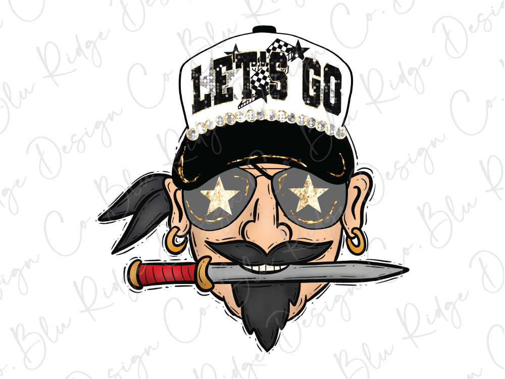 A cartoon-style illustration of a man wearing a hat with the text "LET'S GO" and sunglasses, holding a knife in his mouth.