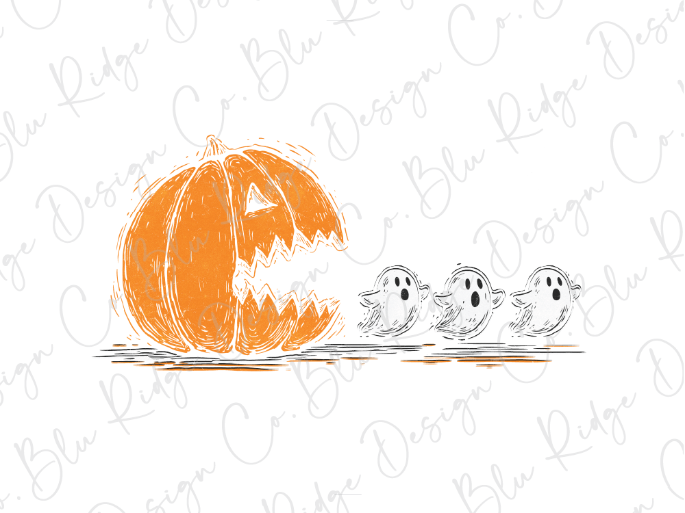 a Halloween scene with a large orange pumpkin and three ghostly figures.