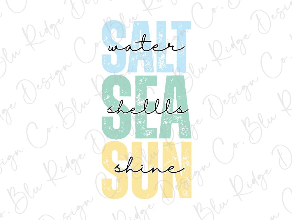 the words salt, sea, and sun on a white background