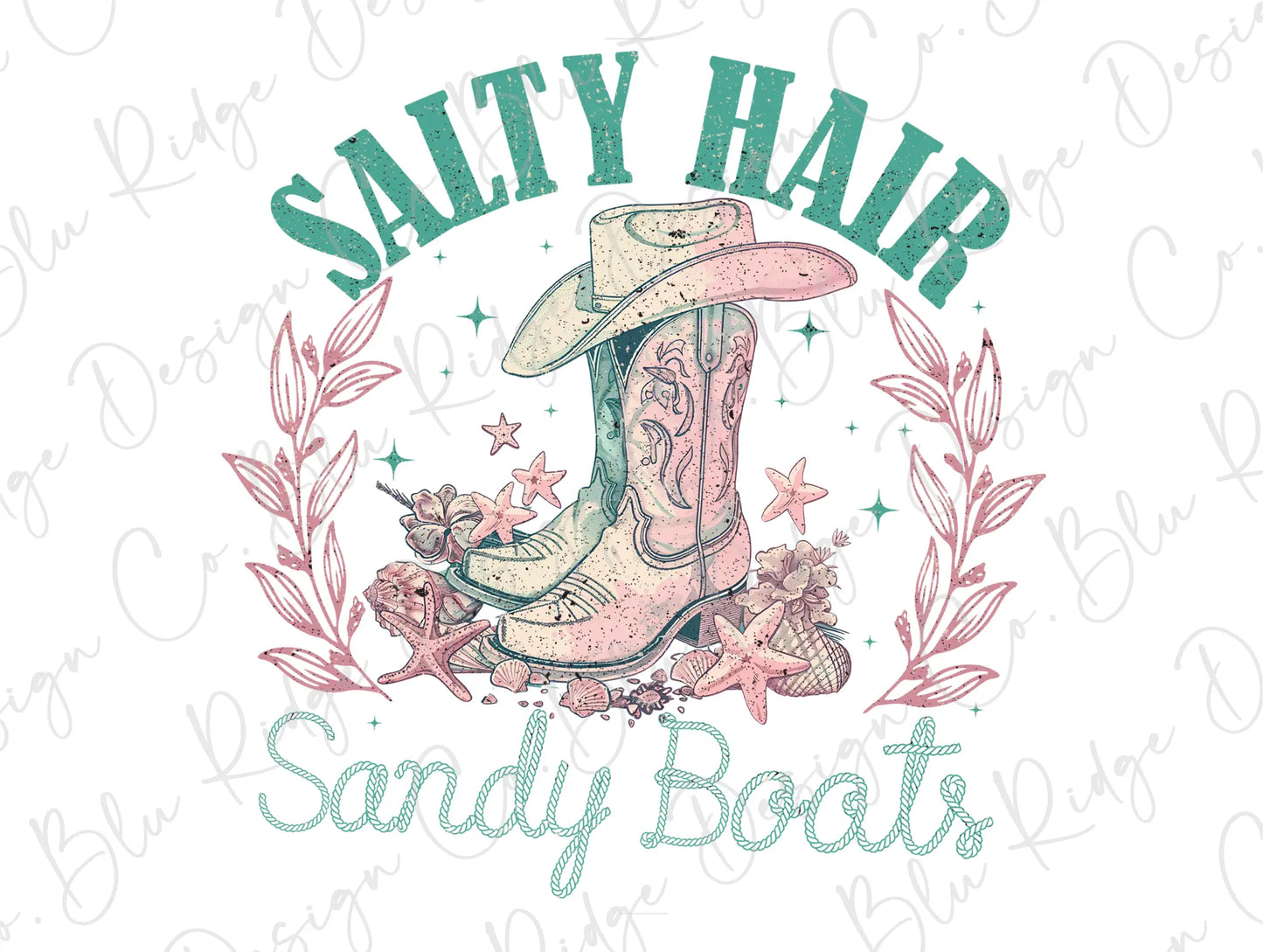 a cowboy boot with the words salty hair sandy boats