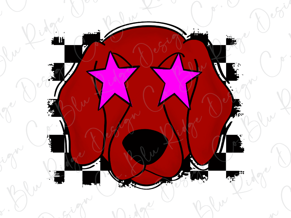 A red dog with pink star-shaped eyes is depicted in the image.