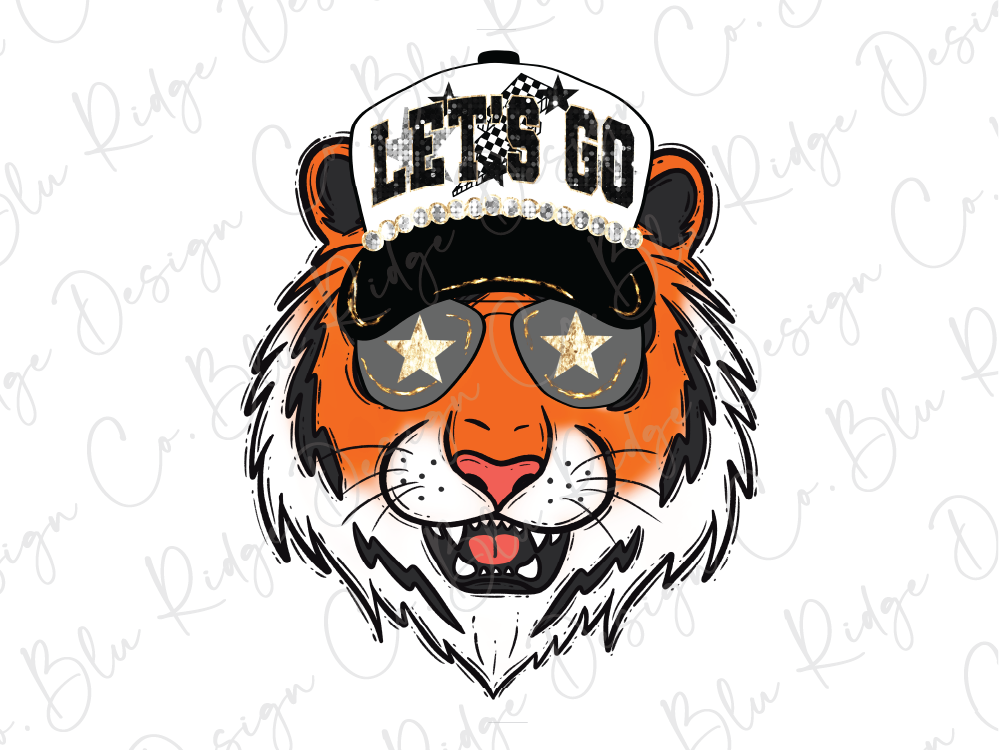 A stylized illustration of a tiger's face wearing a baseball cap with the text "LET'S GO" and sunglasses with stars.