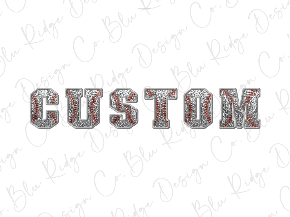 the word custom in silver and red glitter