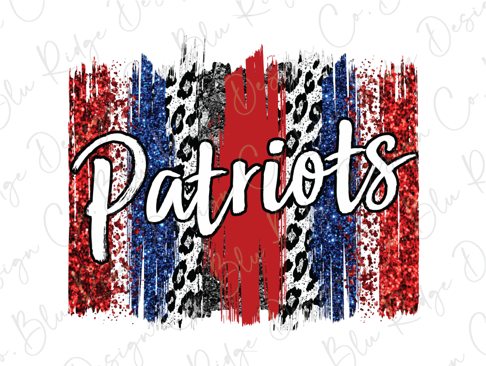 a patriotic design with the word "Patriots" prominently displayed in the center. The design is a combination of red, white, and blue colors, along with a pattern of black and white stripes and leopard print elements.