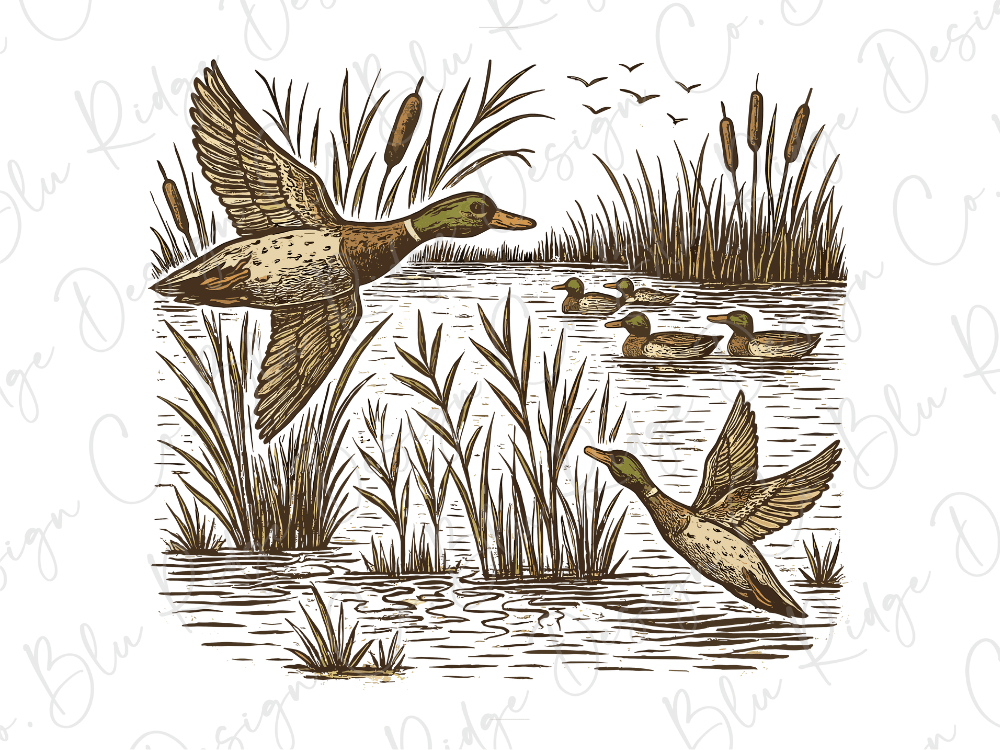 A detailed illustration depicting a group of ducks in a marshy area, with one duck flying and others swimming in the water.