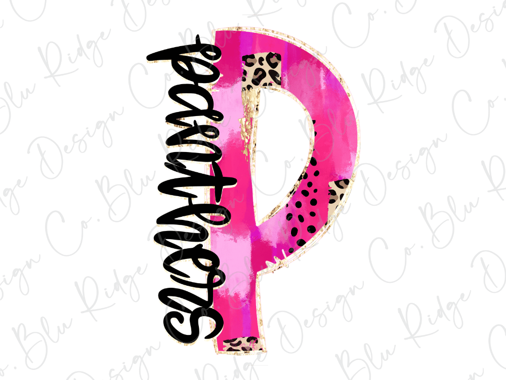 A pink and black stylized letter 'P' with a leopard print pattern.