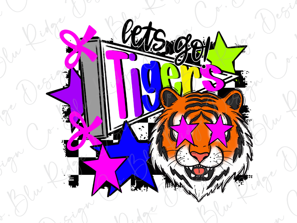A colorful and stylized illustration featuring a tiger's face with large pink eyes, surrounded by various shapes and patterns in shades of pink, blue, green, and purple.