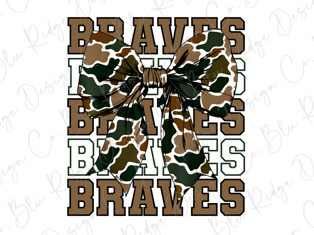 A camouflage bow with the word "Braves" written in a bold, brown font.