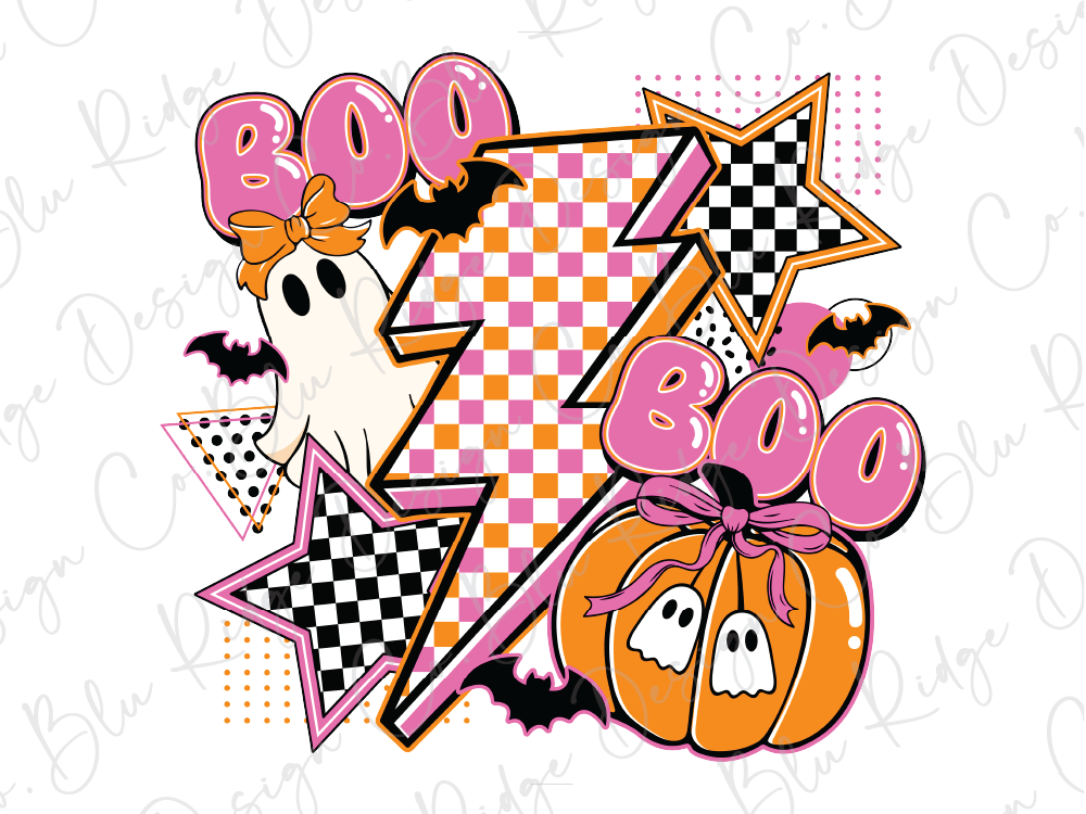The image is a vibrant and playful Halloween-themed collage featuring various spooky and festive elements such as a ghost, lightning bolt, pumpkin, and the word "BOO".