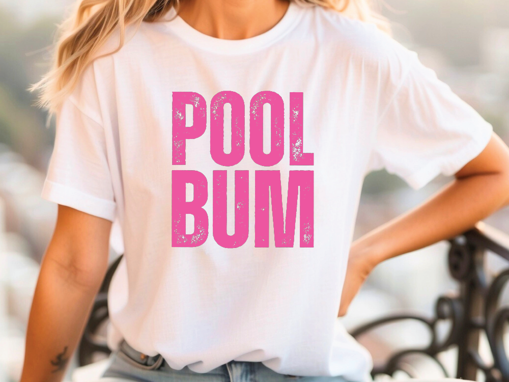 a woman wearing a t - shirt that says pool bum