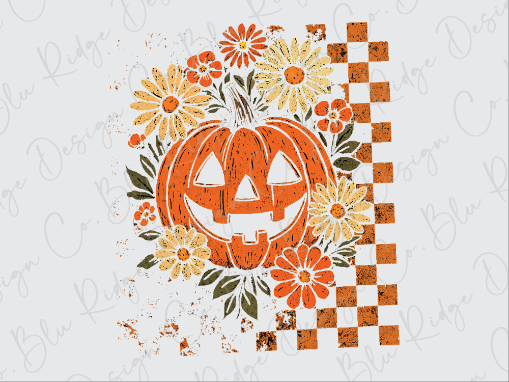 A Halloween-themed illustration featuring a carved pumpkin surrounded by colorful flowers and a checkered pattern.