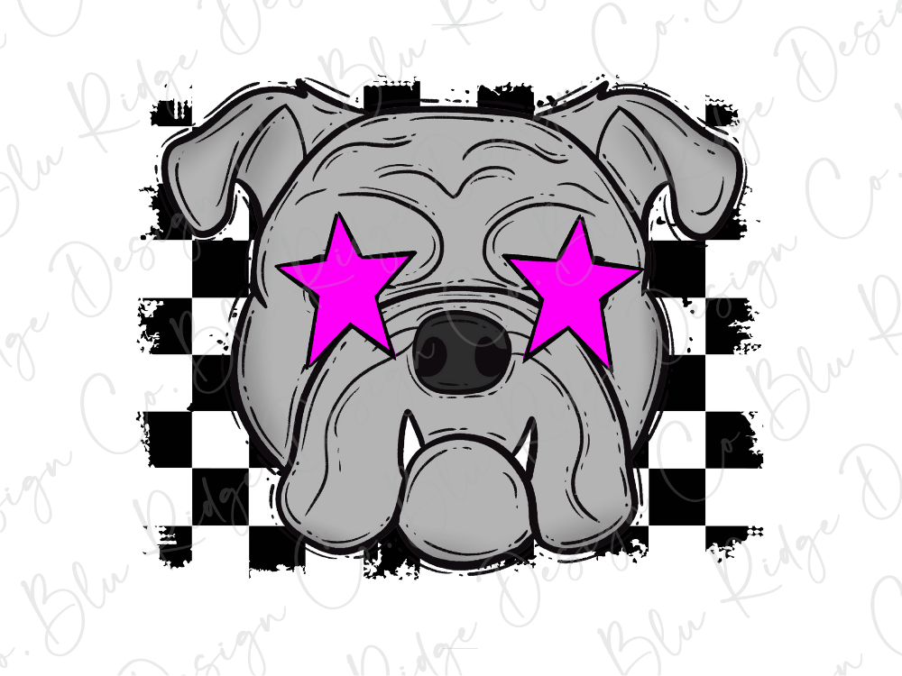 A stylized illustration of a bulldog with large pink star-shaped eyes, set against a background of black and white checkered patterns.