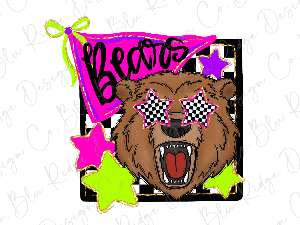 A cartoon bear wearing sunglasses and surrounded by stars and a banner with the word "Bears" written on it.