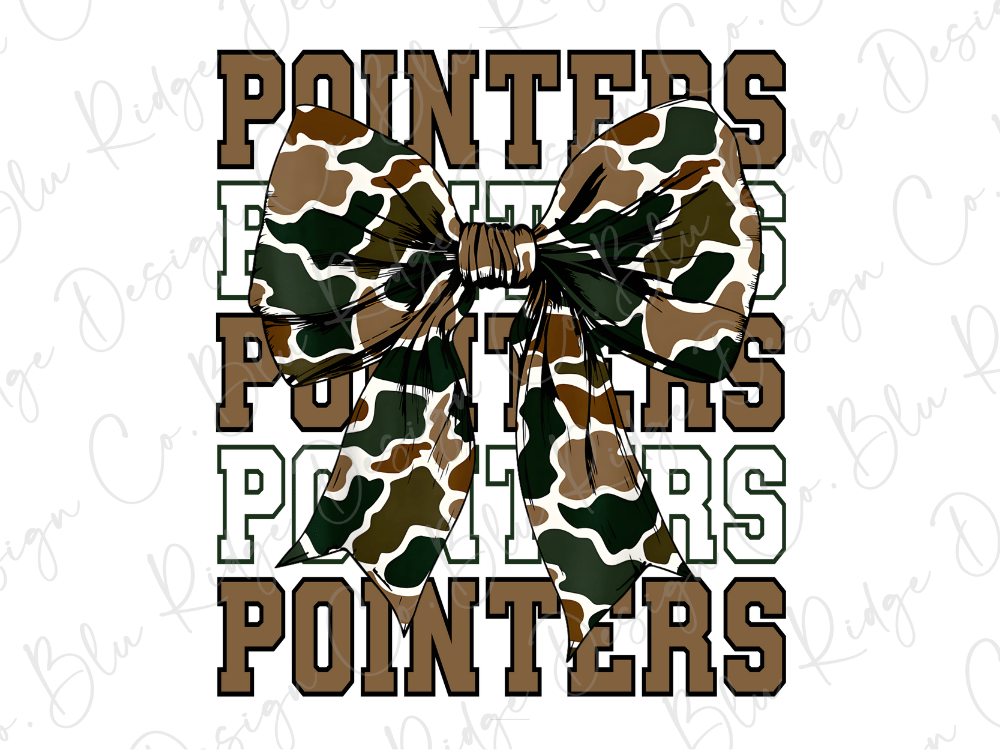 A camouflage bow with the word "POINTERS" written in a stylized font, surrounded by the word "POINTERS" repeated in a larger font.