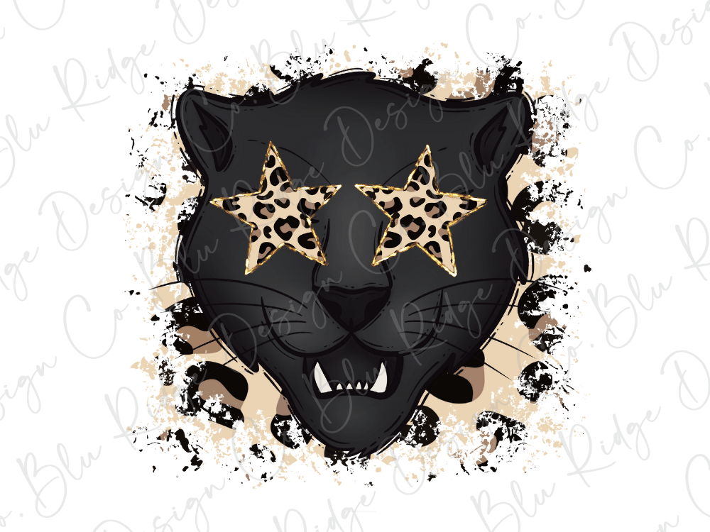 A stylized illustration of a black panther's face with leopard-print eyes and a star-shaped nose, surrounded by splatter-like textures and patterns.