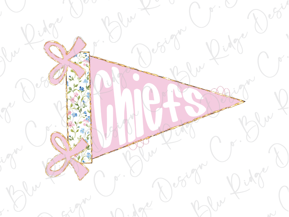 A pink triangular flag with the word "Chairs" written on it, along with two pink bows.
