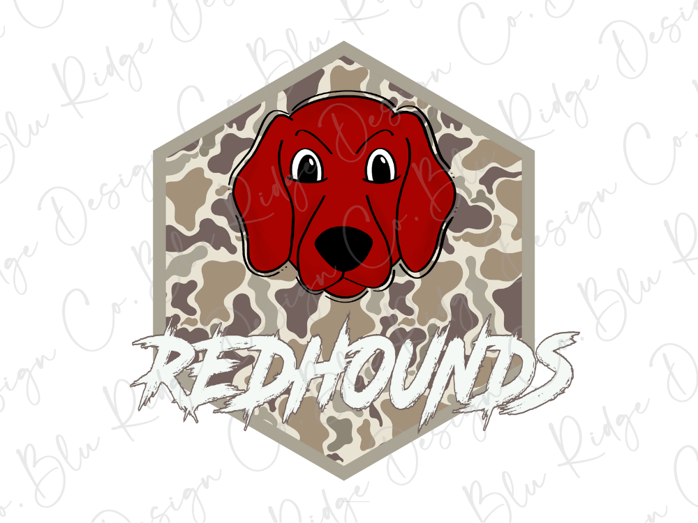 A red dog head with a camouflage pattern is displayed against a hexagonal background with the text "REDHOUNDS" written below it.