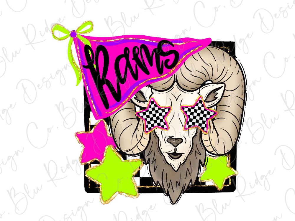 a stylized illustration of a ram with large eyes and a checkerboard pattern on its face, surrounded by colorful stars and a pink banner with the word "Rams" written on it.