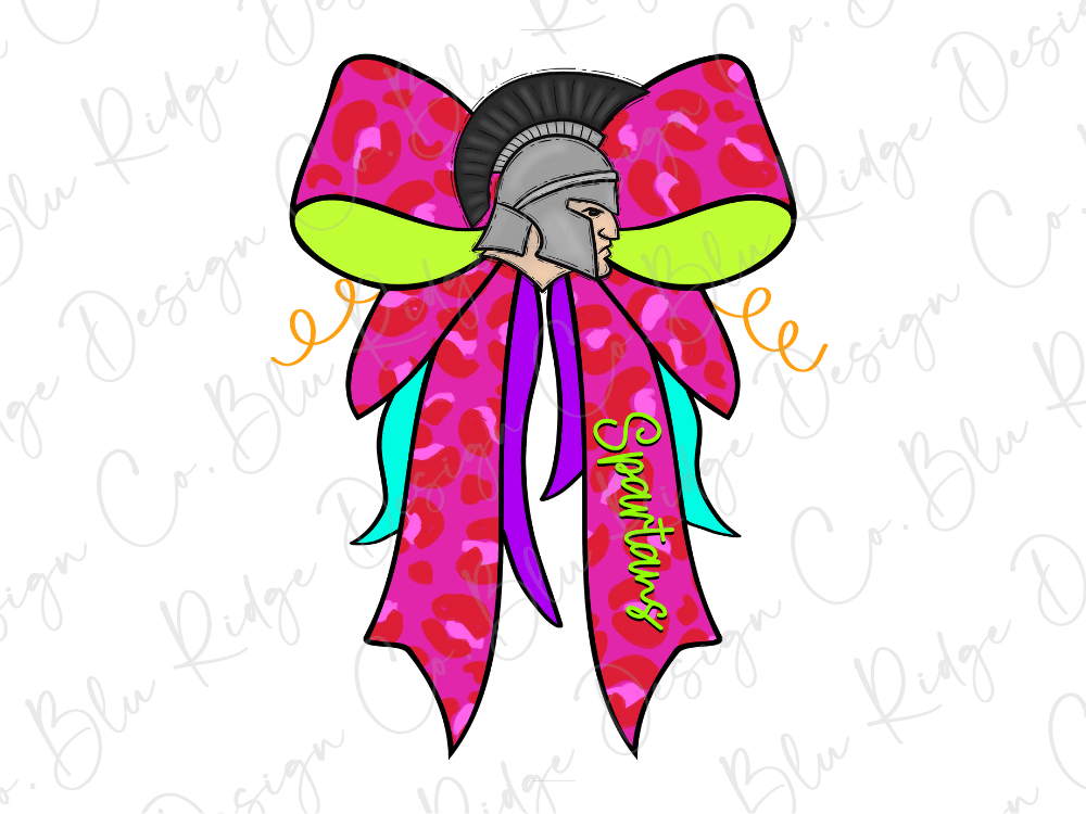 A colorful bow with a helmet on it, featuring the word "Spartans" written on it.