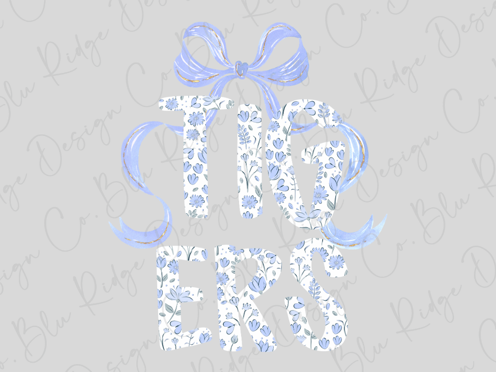A floral design with the word "TIGERS" written in a decorative font, surrounded by blue ribbons.