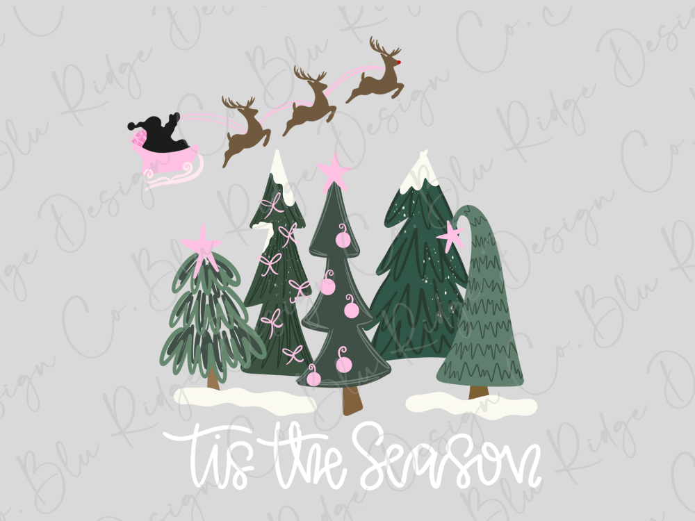 A festive Christmas scene with a Santa Claus sleigh flying over a group of decorated Christmas trees.