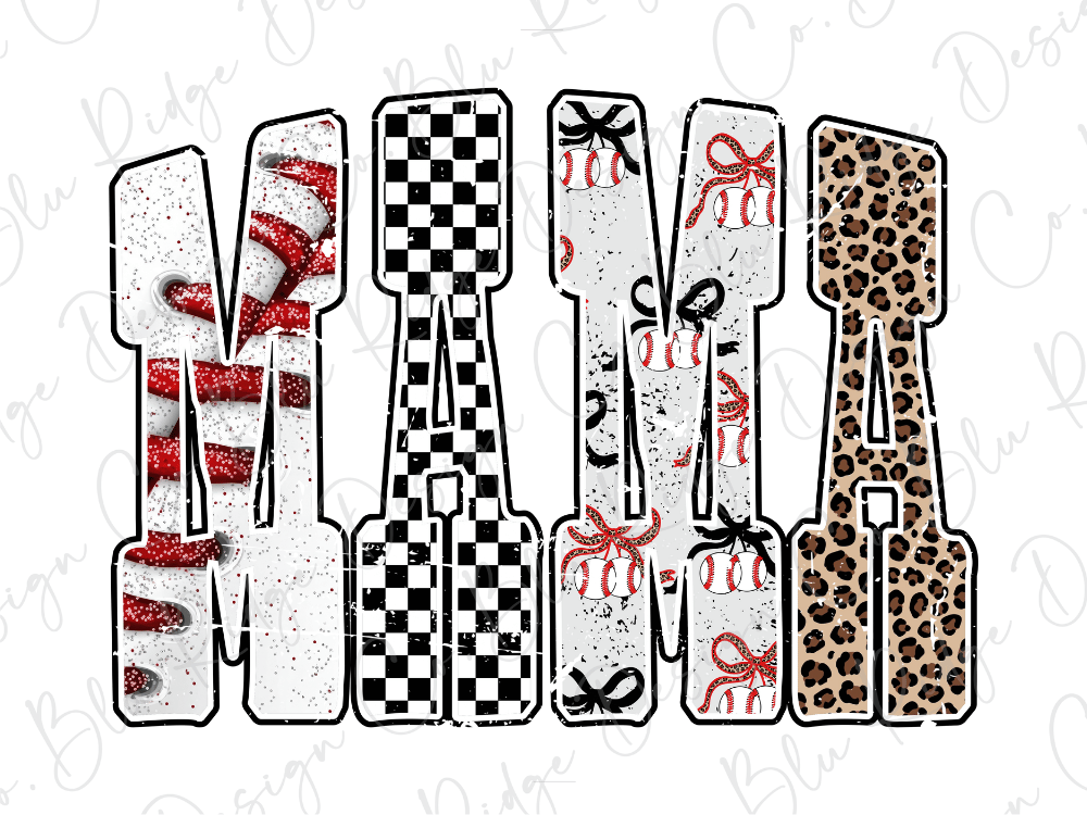 the word "MAMA" in a stylized font, with each letter made up of various decorative elements such as checkered patterns, leopard print, and glitter.