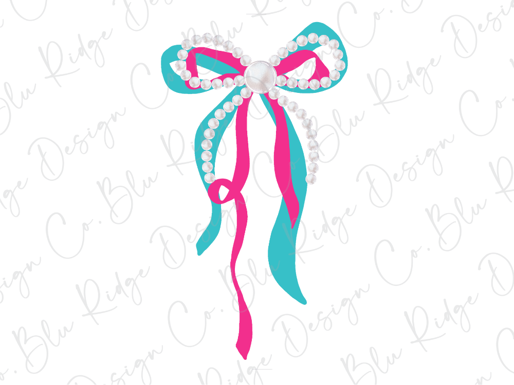 A bow made of colorful ribbons and pearls against a white background.