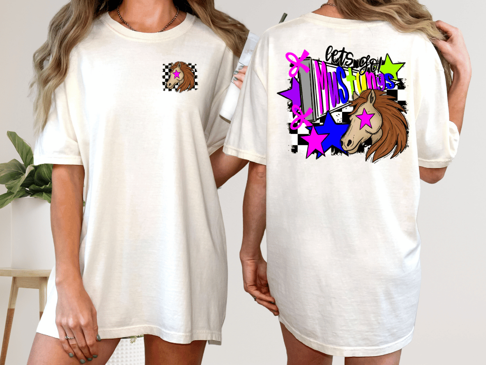 A woman wearing a white t-shirt with a graphic design on the back.