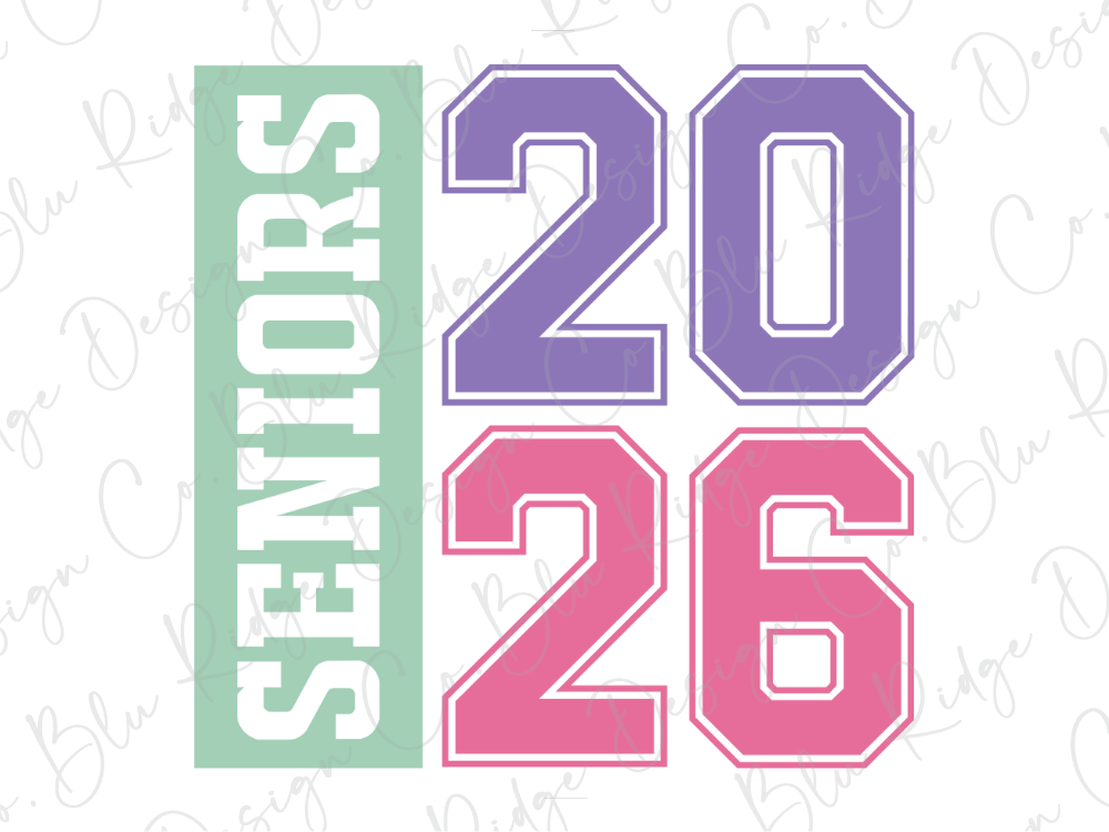 the text "SENIORS 26" in a stylized design with various colors, including green, purple, and pink.
